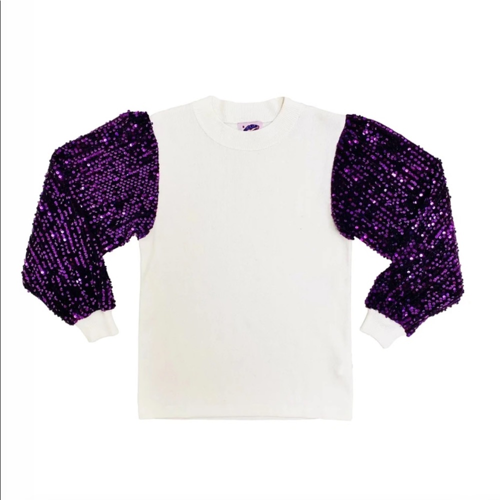 Sparkle City white and purple shimmer sleeve sweater